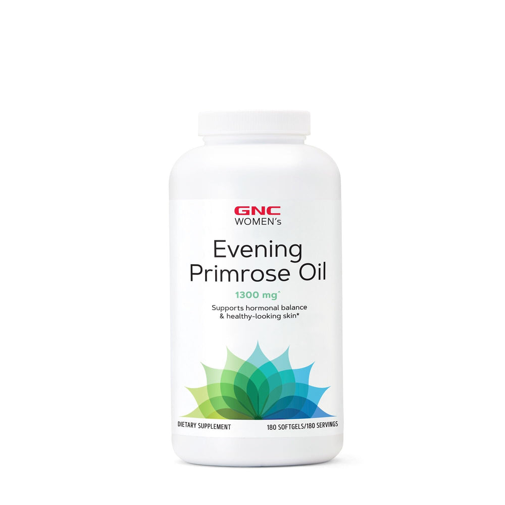 GNC Women's Evening Primrose Oil softgels close-up for skin support and hormone balance.
