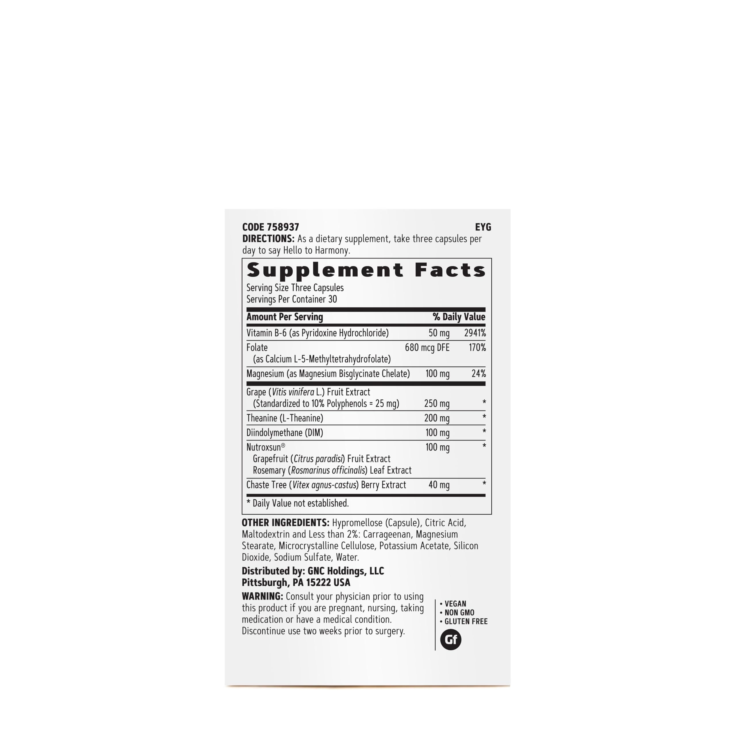 GNC Women's Hello Harmony capsules support routine mood and stress management.