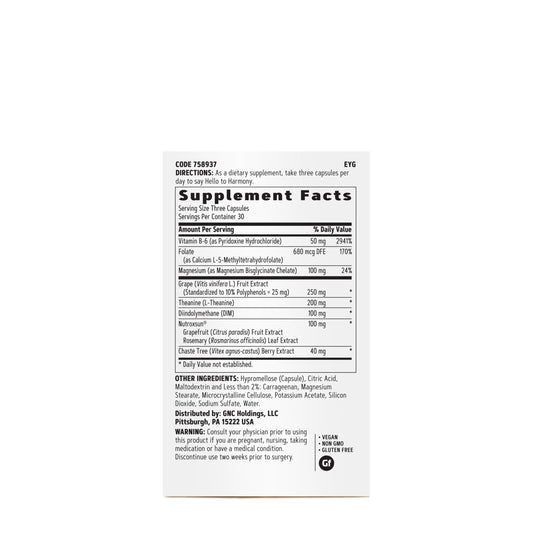 GNC Women's Hello Harmony capsules support routine mood and stress management.