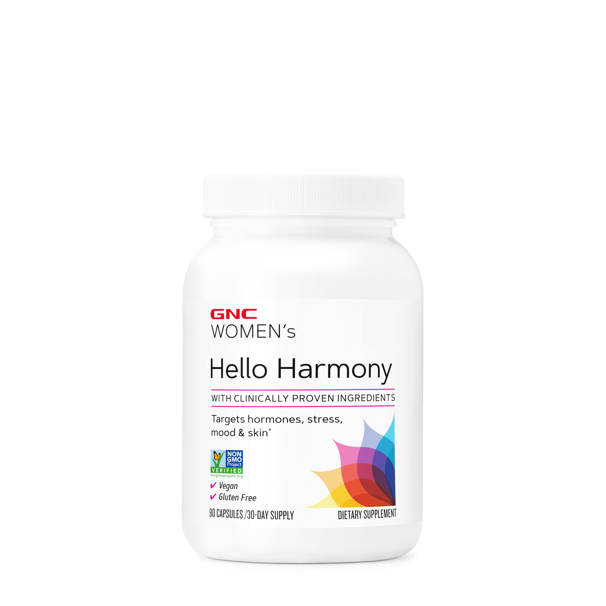 GNC Women's Hello Harmony label highlights vegan and gluten-free ingredients.