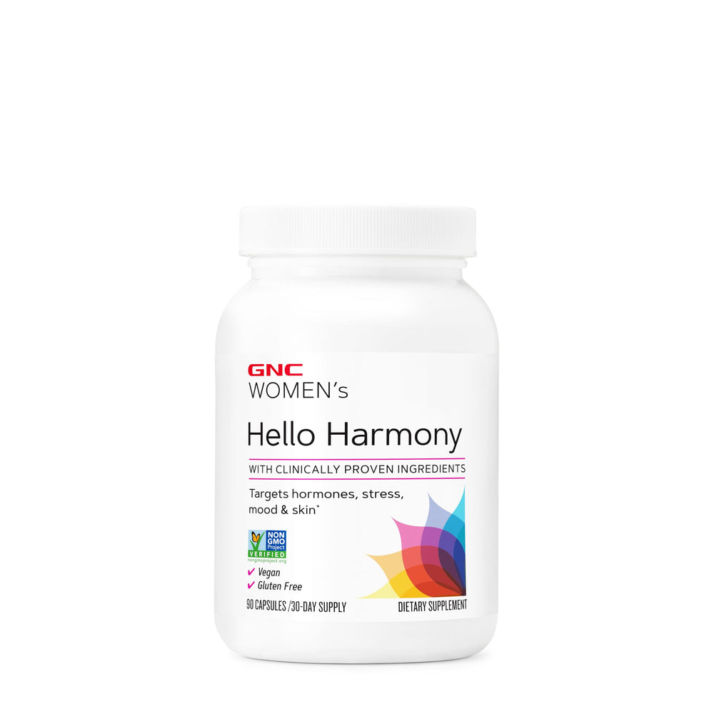 GNC Women's Hello Harmony label highlights vegan and gluten-free ingredients.