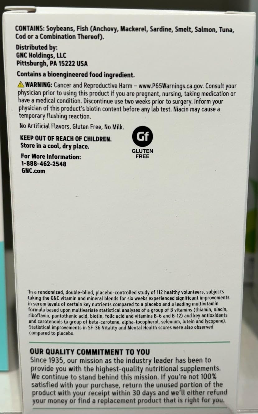 GNC Women's Multivitamin 50 Plus gluten-free label signals clean ingredients.