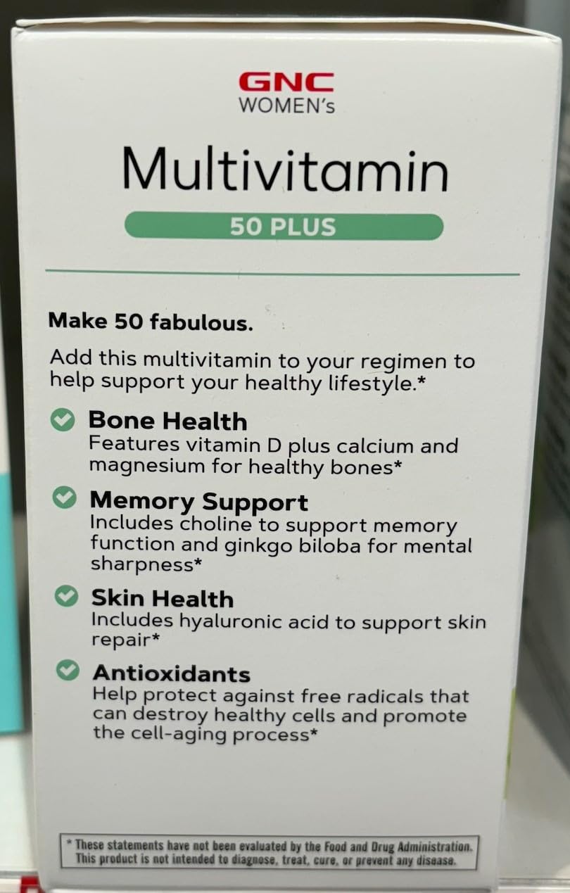 GNC Women's Multivitamin 50 Plus hyaluronic acid for skin health.