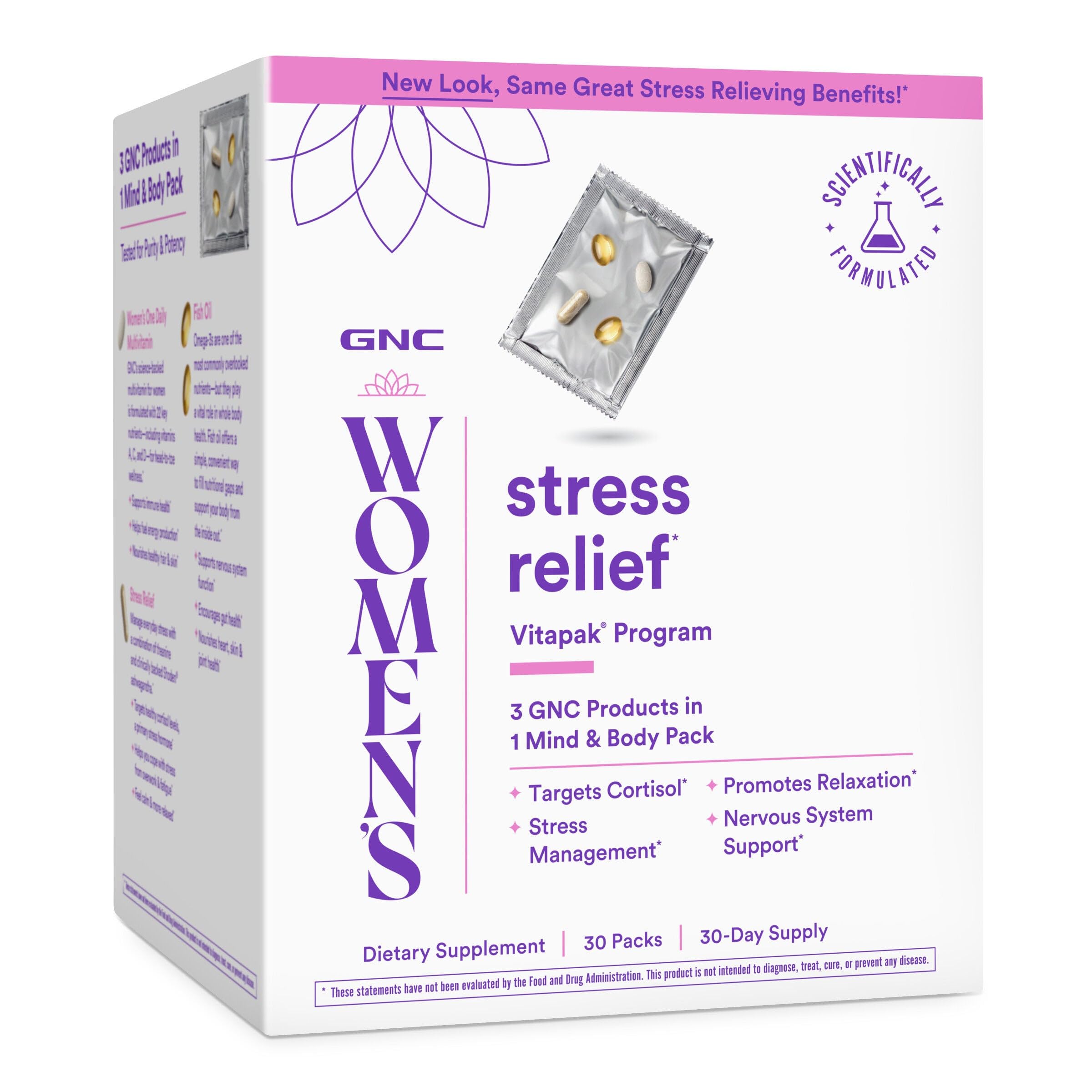 GNC Women's Stress Relief Vitapak bottle front view showing daily stress support.