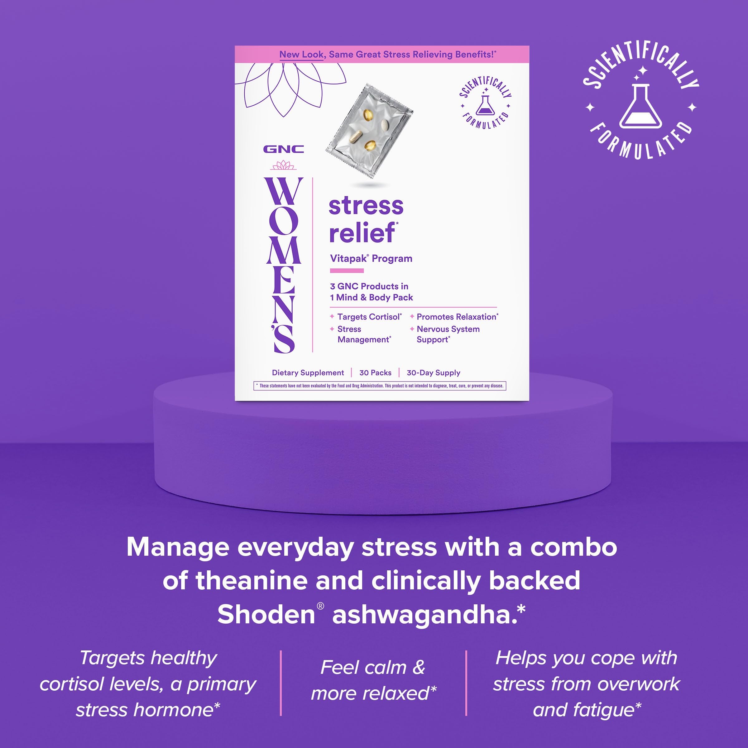 GNC Women's Stress Relief Vitapak colorful vitamins arranged for daily wellness.