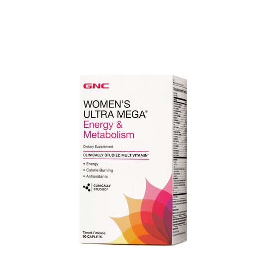 GNC Women's Ultra Mega Energy and Metabolism multivitamin bottle showcasing daily energy support.