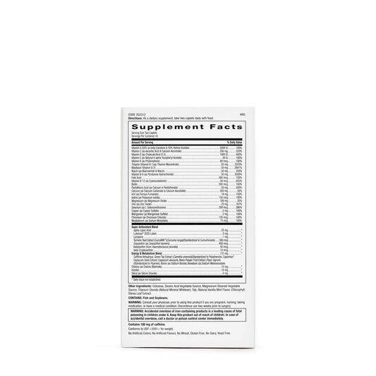 GNC label close-up on energy metabolism multivitamin for daily wellness.