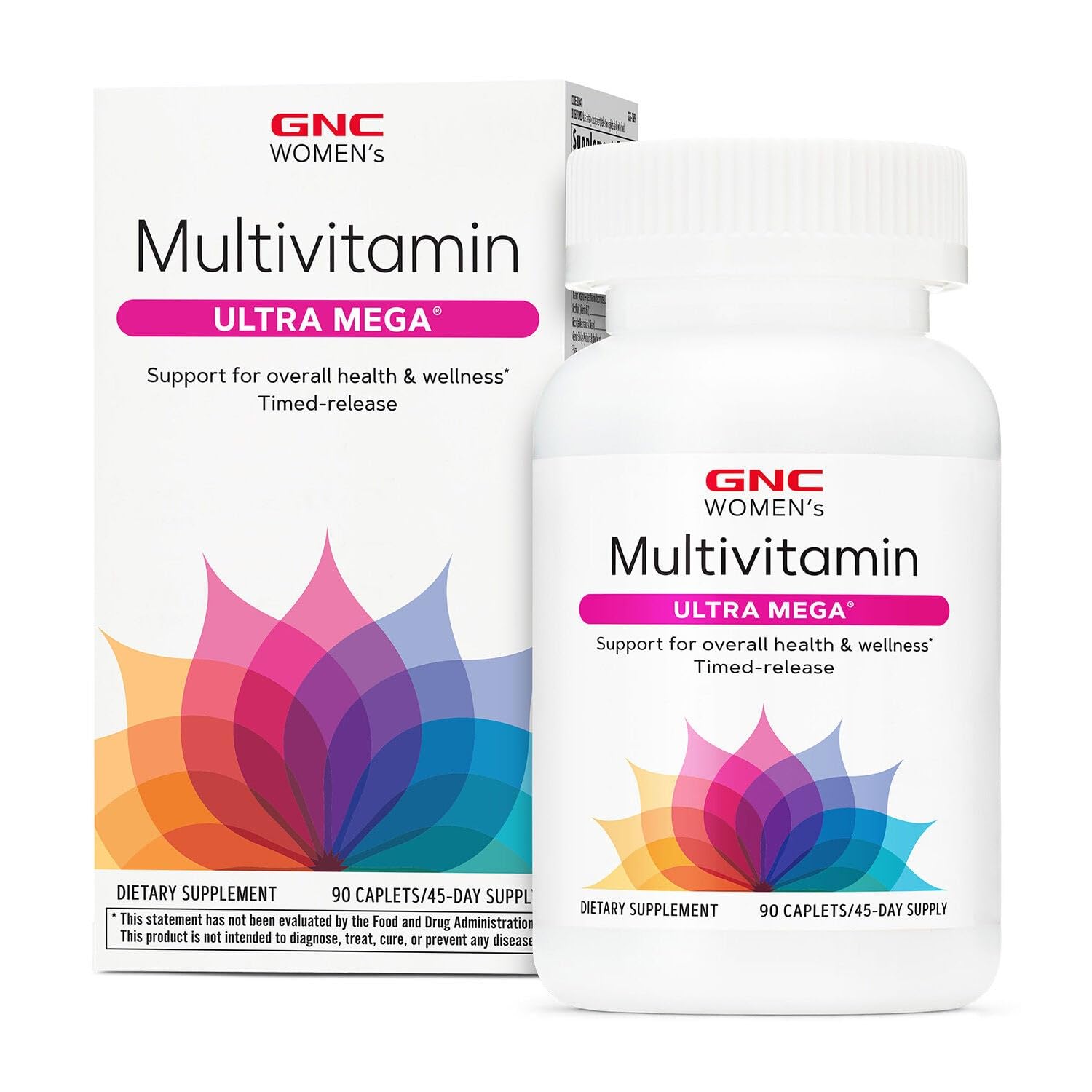 GNC Women’s Ultra Mega multivitamin caplets bottle supports daily energy and immune health