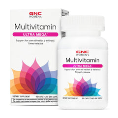 GNC Women’s Ultra Mega multivitamin caplets bottle supports daily energy and immune health