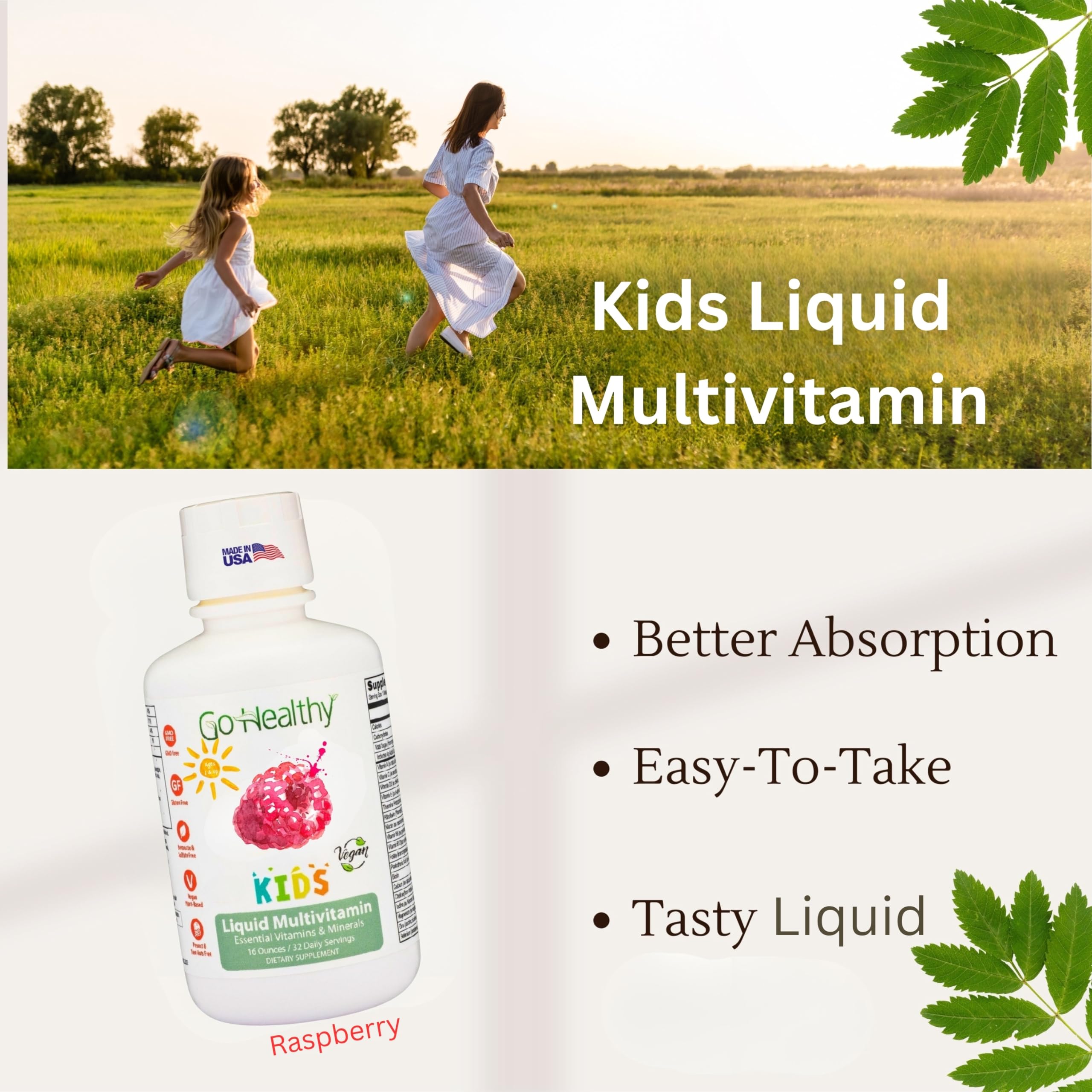 Go Healthy Kids Liquid Multivitamin ingredients panel highlights essential vitamins