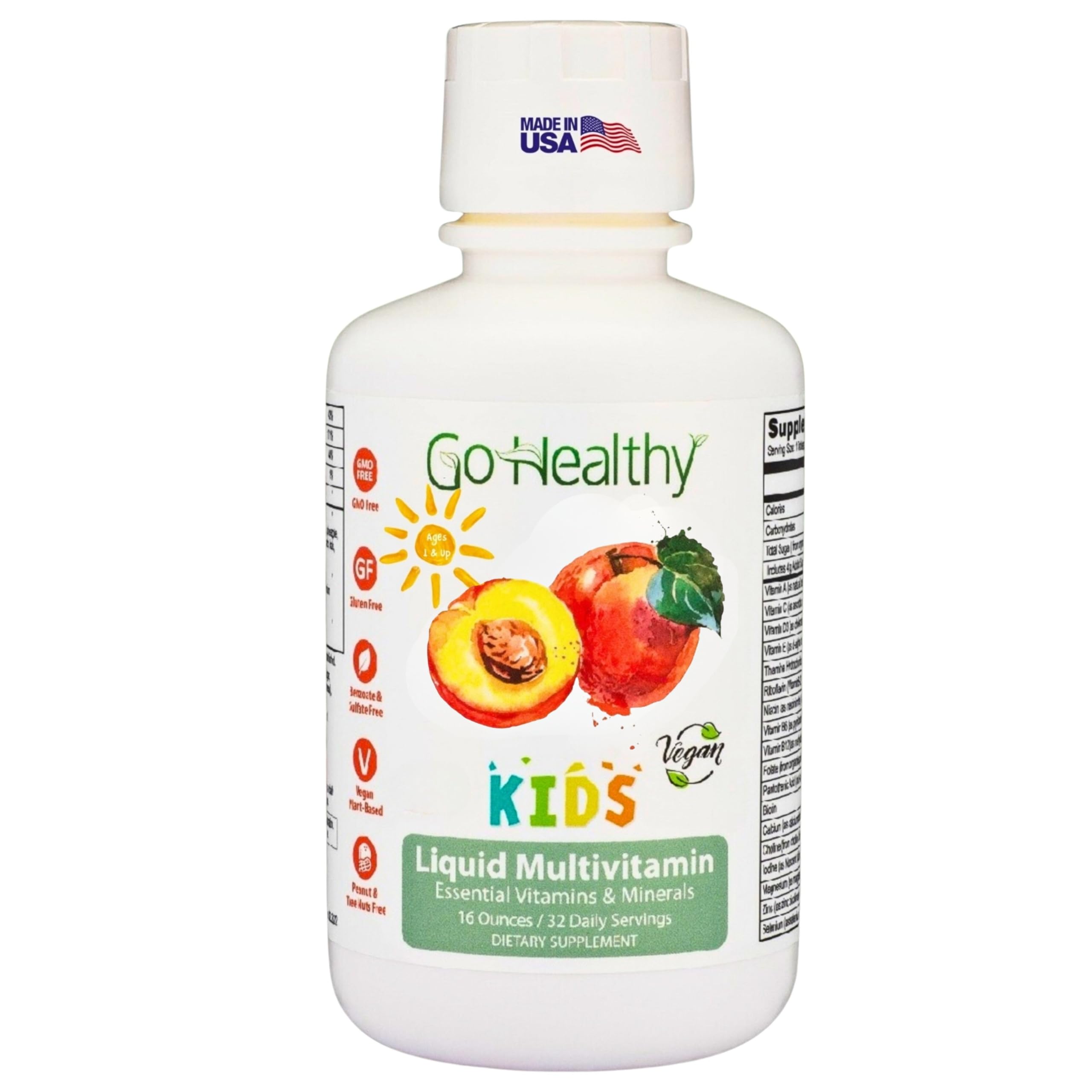 Go Healthy Natural Kids Liquid Multivitamin peach mango bottle for easy daily nutrition