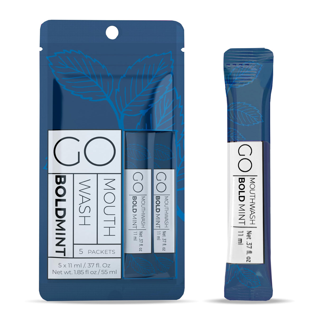 Go Mouthwash Bold Mint travel packet front view for on-the-go freshness.