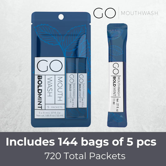 Go Mouthwash Bold Mint travel packet packaging highlights spill-proof design.