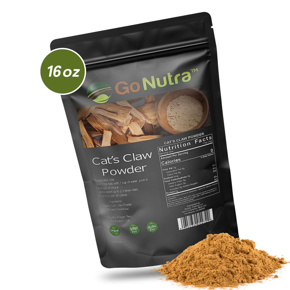 Go Nutra cat's claw powder packaging highlighting vegan and gluten-free attributes
