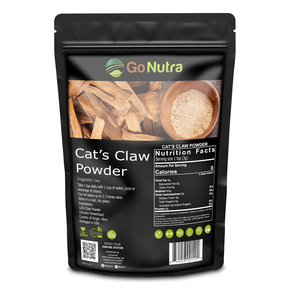 Go Nutra cat's claw powder jar label showing pure Peruvian sourcing