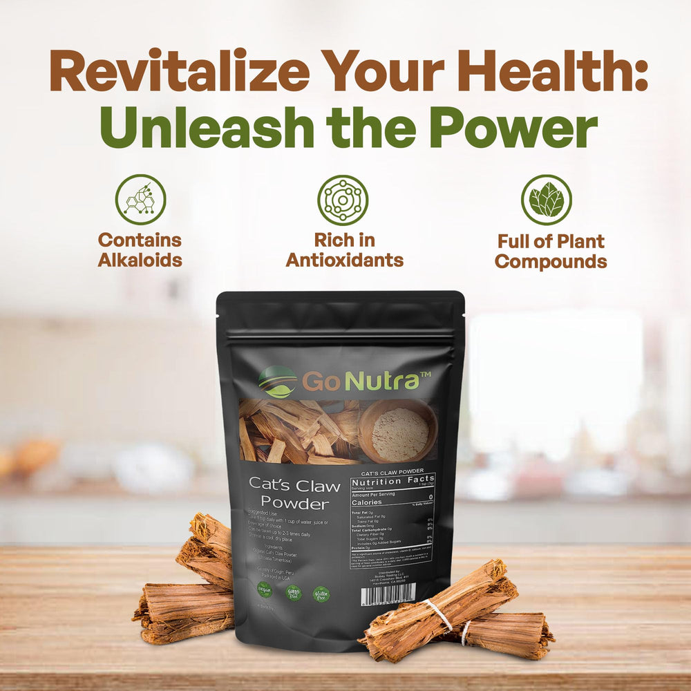Go Nutra cat's claw powder wild harvest Peru visual emphasizing natural origin