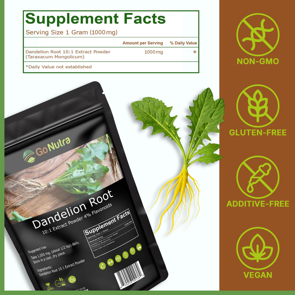 Go Nutra Dandelion Root Powder 10:1 concentrate shown for quick brewing
