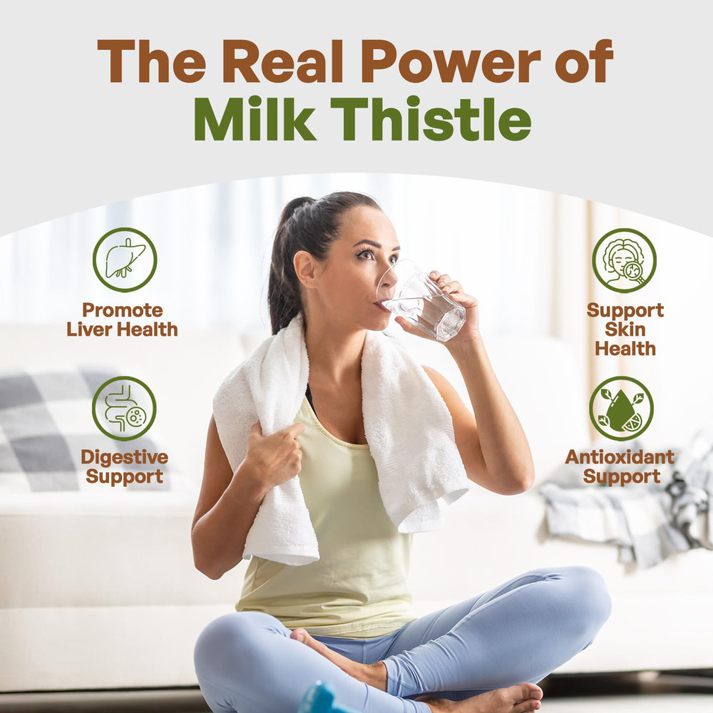 Go Nutra Milk Thistle Powder closeup on label—non-GMO, vegan-friendly clean formula.