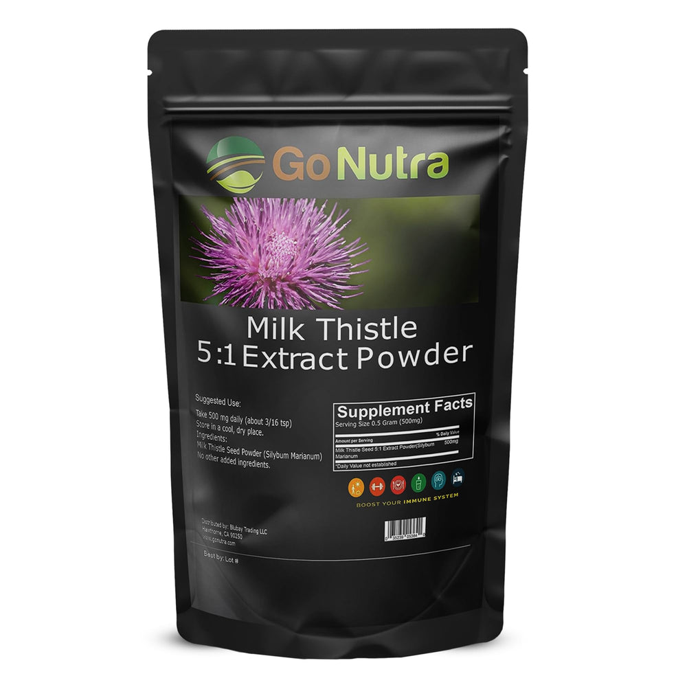 Go Nutra Milk Thistle Powder packaging scene highlighting quality branding.