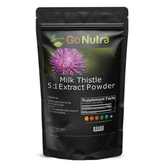 Go Nutra Milk Thistle Powder packaging scene highlighting quality branding.