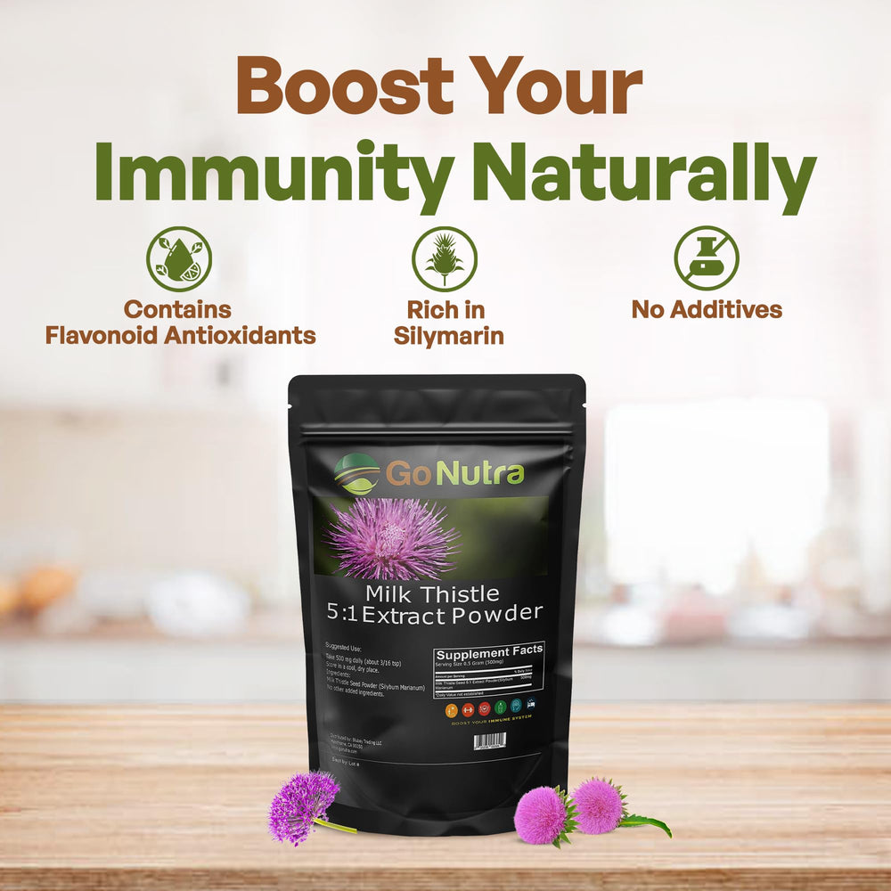 Go Nutra Milk Thistle Powder being poured—concentrated 10:1 extract for easy use.