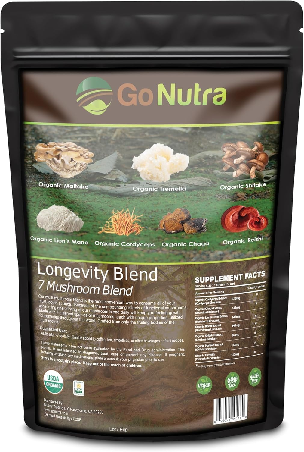 Go Nutra organic 7 mushroom powder canister for daily vitality