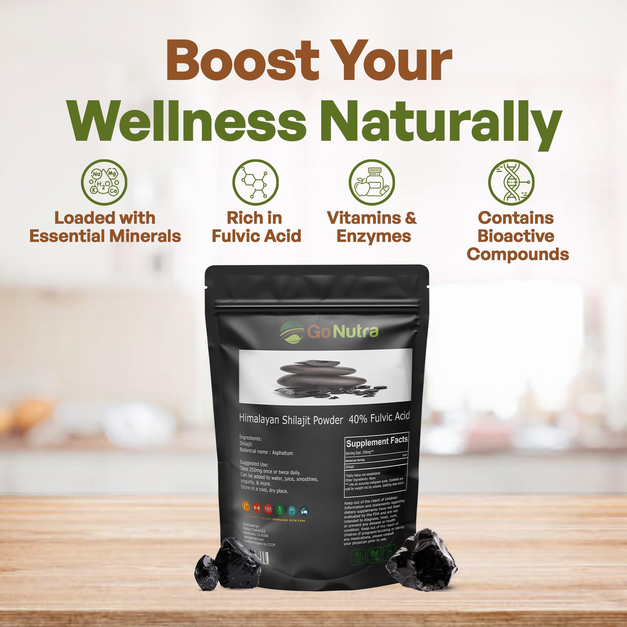 Go Nutra Shilajit Powder with 40% fulvic acid for mineral support.