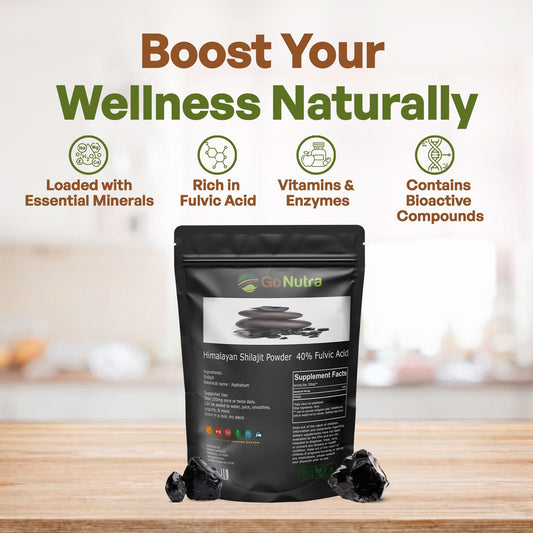 Go Nutra Shilajit Powder with 40% fulvic acid for mineral support.