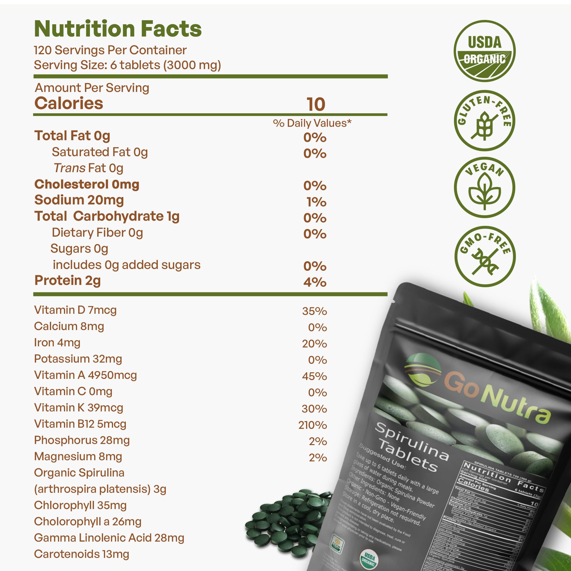 Go Nutra Spirulina tablets back label details nutrient profile for natural support.