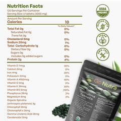 Go Nutra Spirulina tablets back label details nutrient profile for natural support.