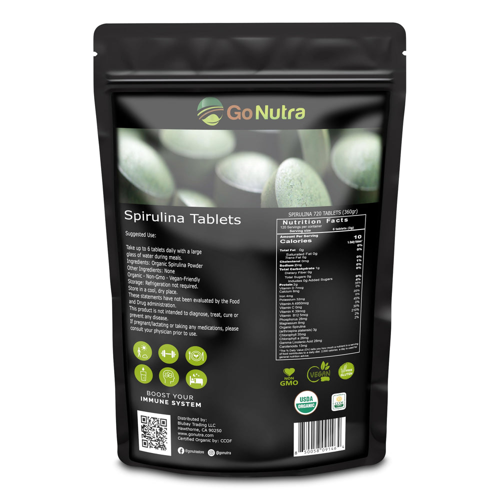 Go Nutra Spirulina tablets bottle highlights organic vegan formula for daily nutrition.