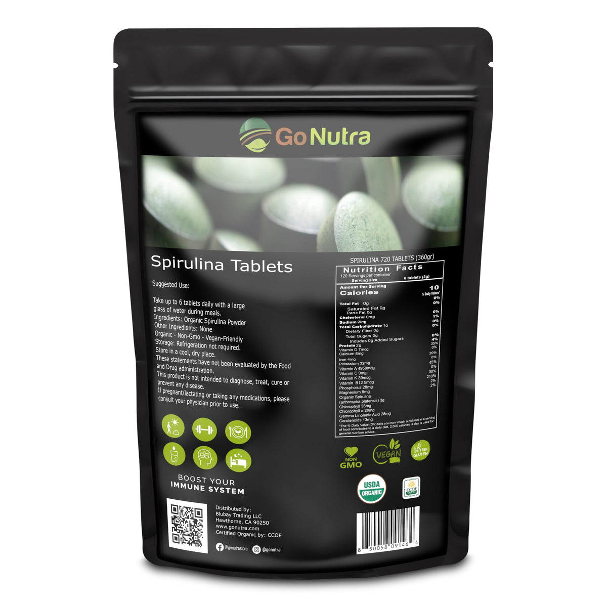 Go Nutra Spirulina tablets bottle highlights organic vegan formula for daily nutrition.