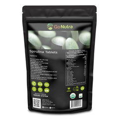 Go Nutra Spirulina tablets bottle highlights organic vegan formula for daily nutrition.