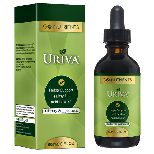 Go Nutrients Uriva liquid drops shown for rapid absorption and flexible use.