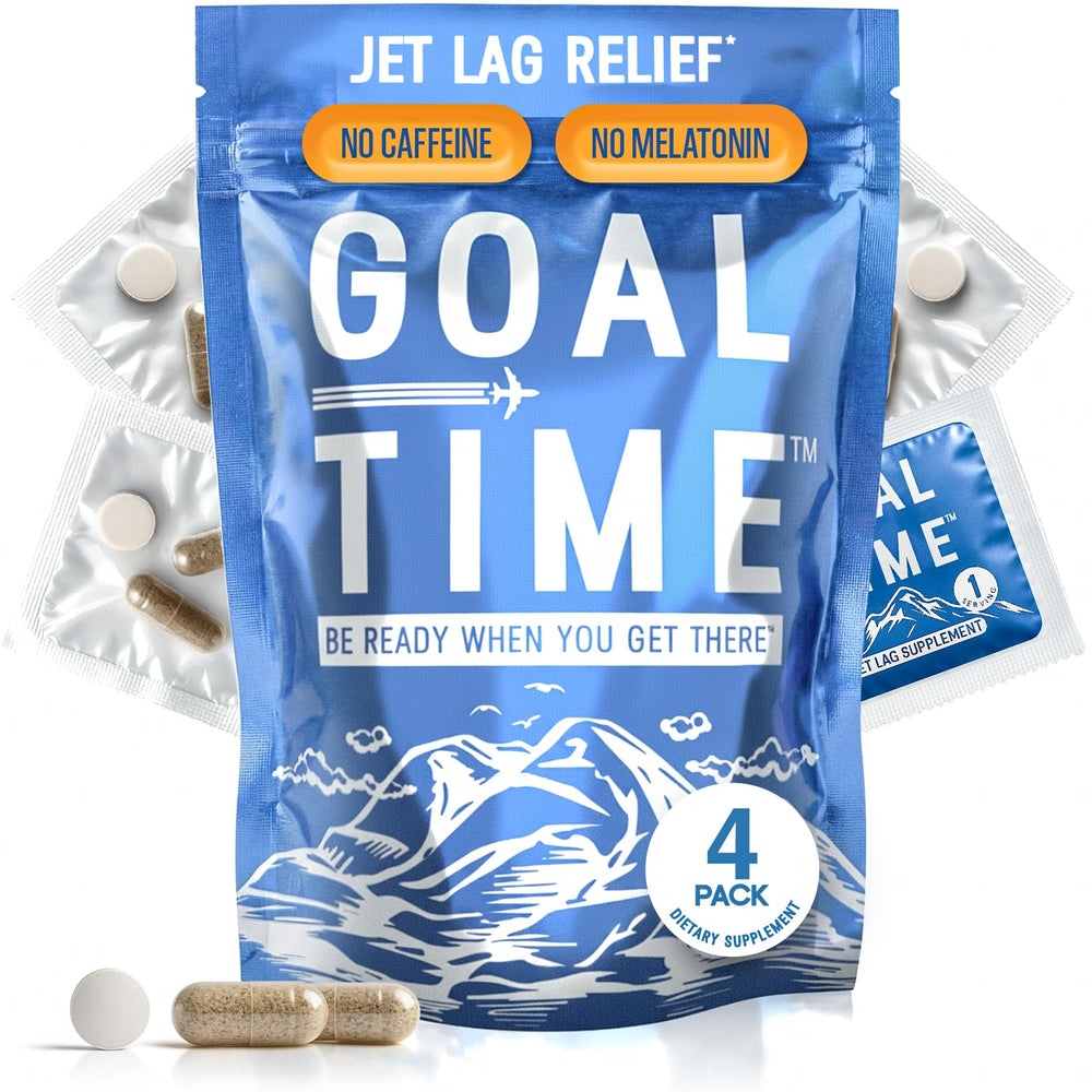 Goal Time Jetlag Relief Pills bottle front for travel-ready clarity.