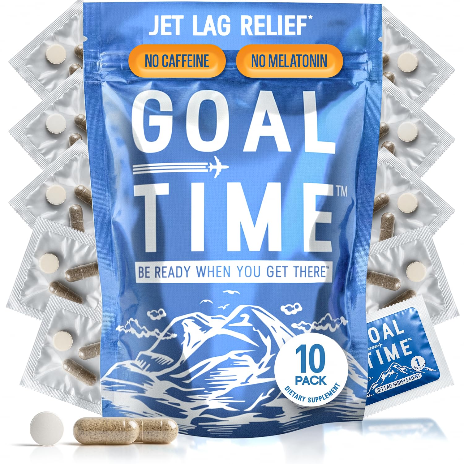 Goal Time jetlag relief pills packaging shown as travel-ready solution for professionals on the go