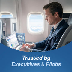 Goal Time Jetlag Relief Pills travel kit on luggage with passport.