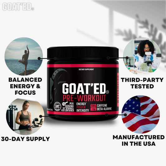 GOAT'ED Pre-Workout powder being dispensed for steady energy