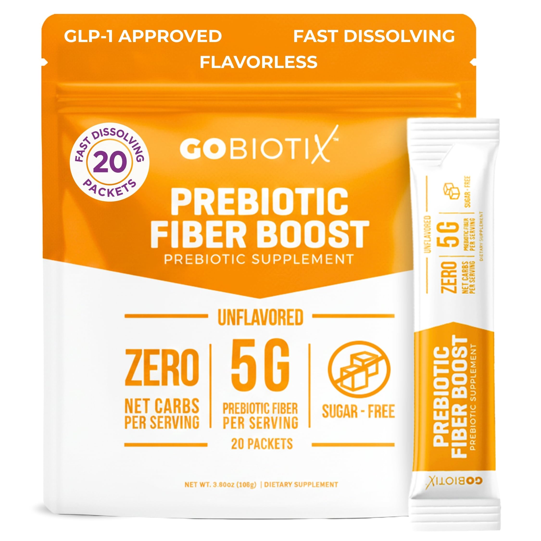 GoBiotix fiber supplement powder bottle pour supports daily gut balance with a smooth mix.