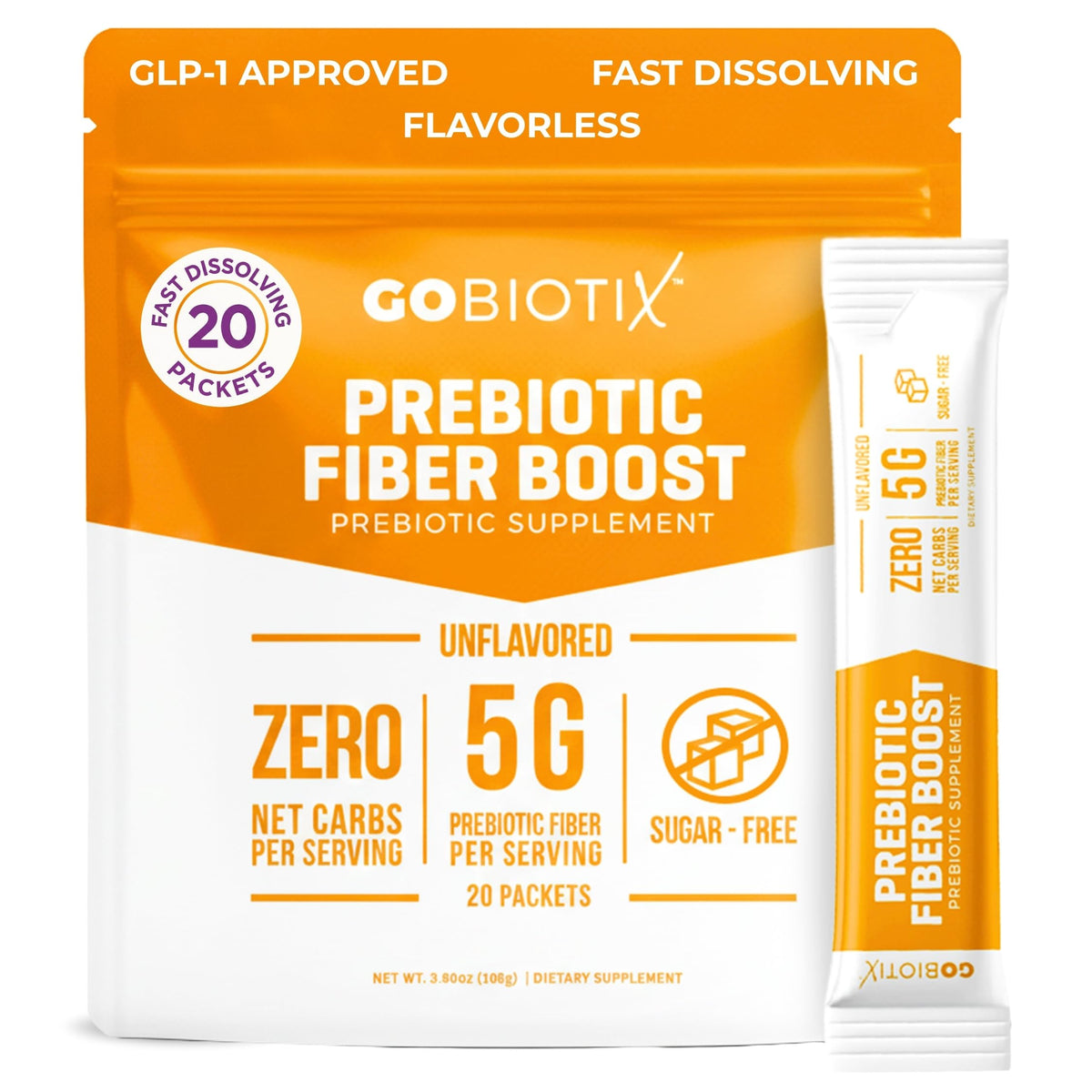 GoBiotix fiber supplement powder bottle pour supports daily gut balance with a smooth mix.