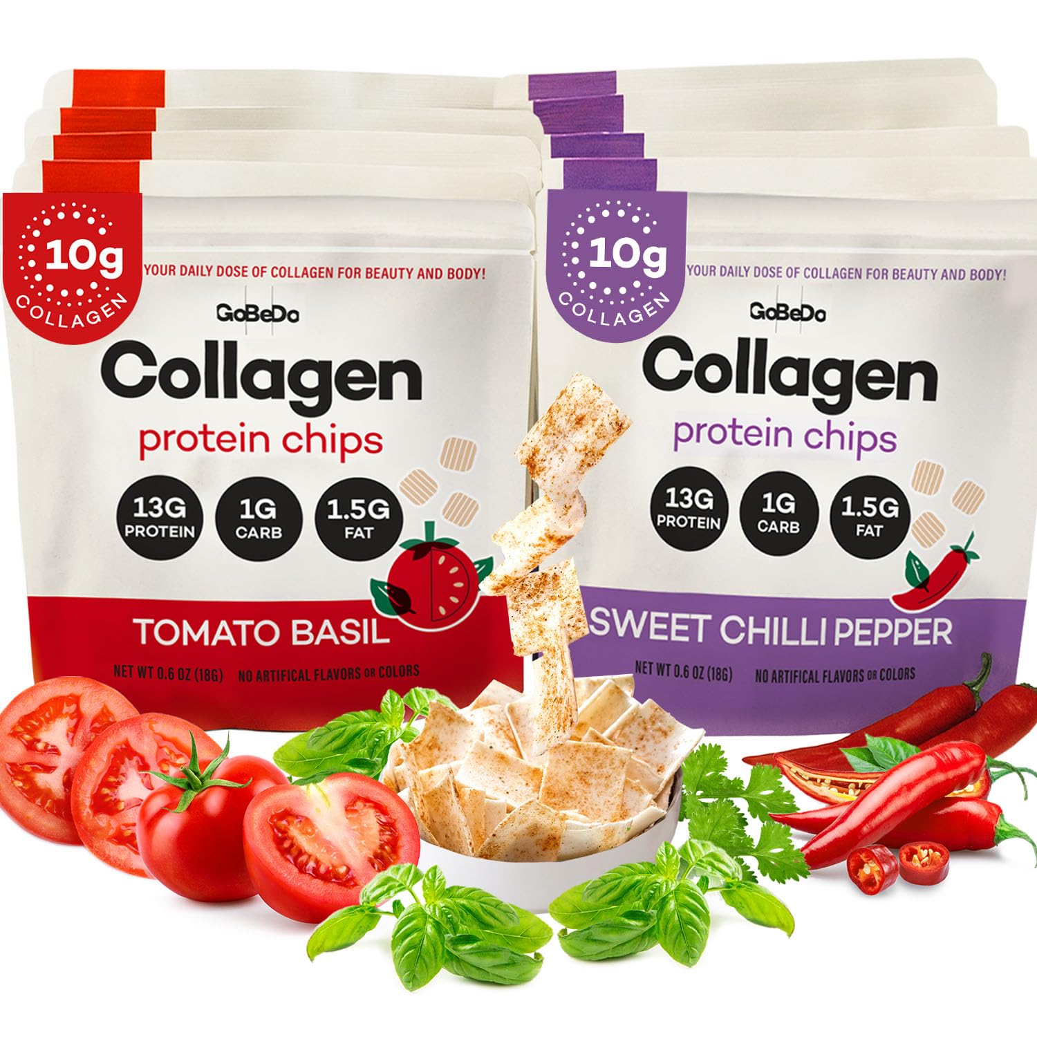 GoBeDo collagen protein chips bag closeup highlighting a high-protein snack option