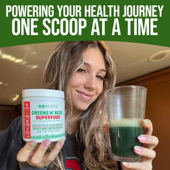 GOBIOTIX Daily wellness ritual glass showing mix-ready greens and reds.