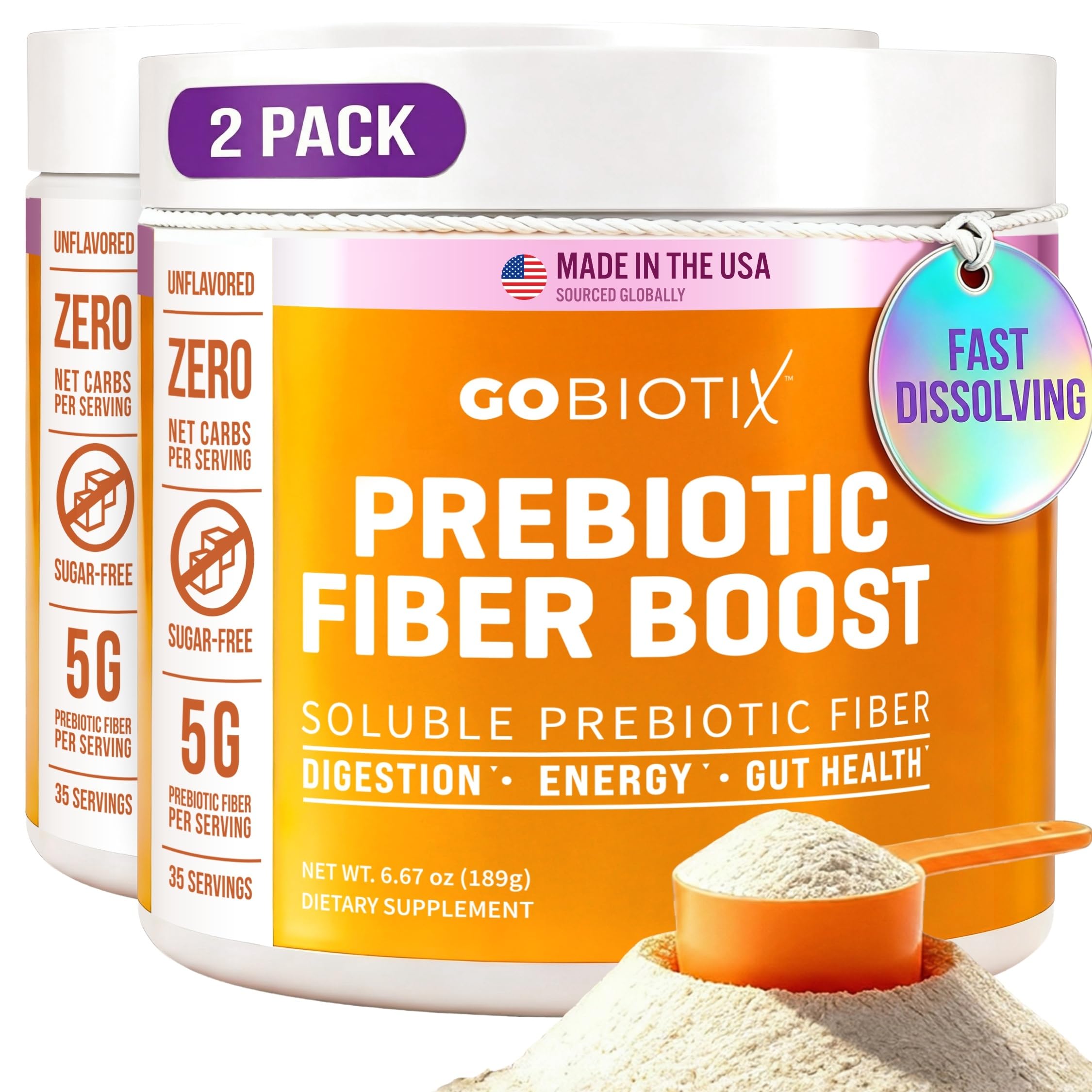 GoBiotix fiber powder bottle pouring into a glass for smooth daily digestion support.