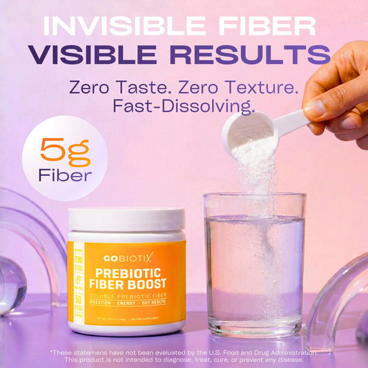 GoBiotix fiber powder unflavored mixing into water with no clumps for easy daily use.