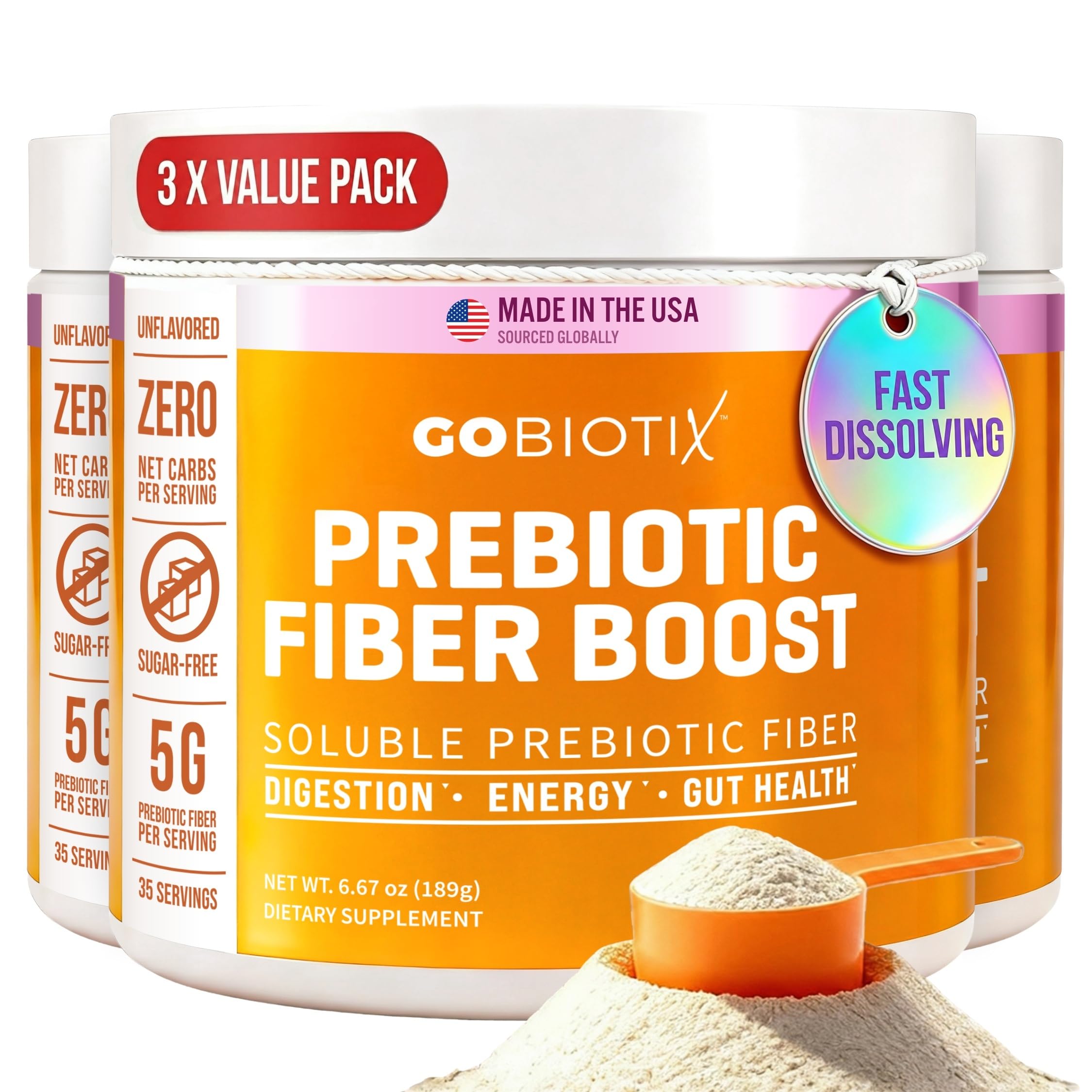 GOBIOTIX fiber supplement bottle with scoop supports easy daily gut care.
