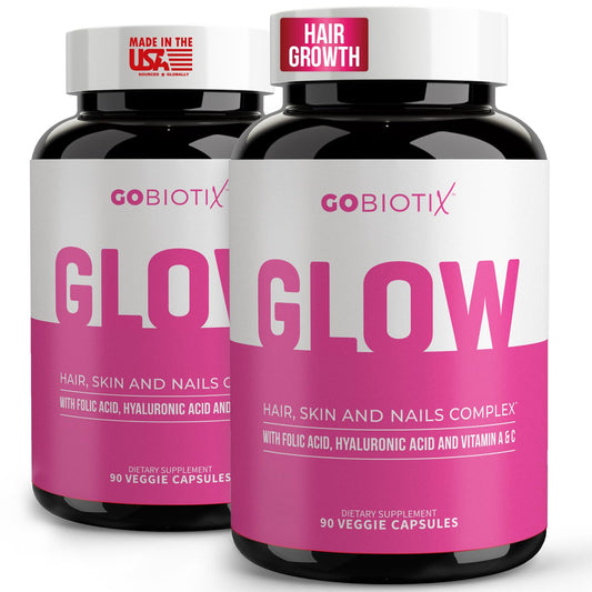 GOBIOTIX Glow bottle display highlights capsules for daily hair, skin, and nails radiance.