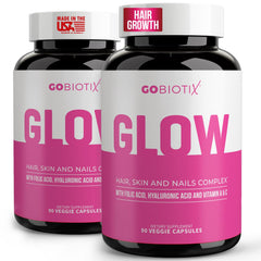 GOBIOTIX Glow bottle display highlights capsules for daily hair, skin, and nails radiance.