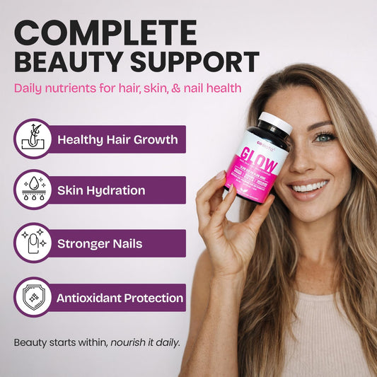 GOBIOTIX Glow capsules close-up emphasize high biotin content for strong nails and lush hair.