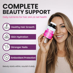 GOBIOTIX Glow capsules close-up emphasize high biotin content for strong nails and lush hair.