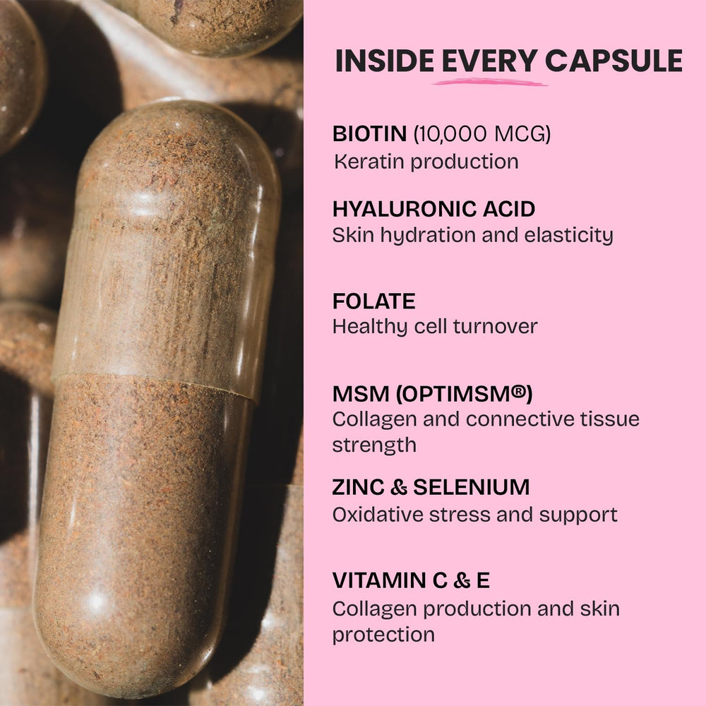 GOBIOTIX Glow ingredient list label showcases essential vitamins supporting skin and nail health.